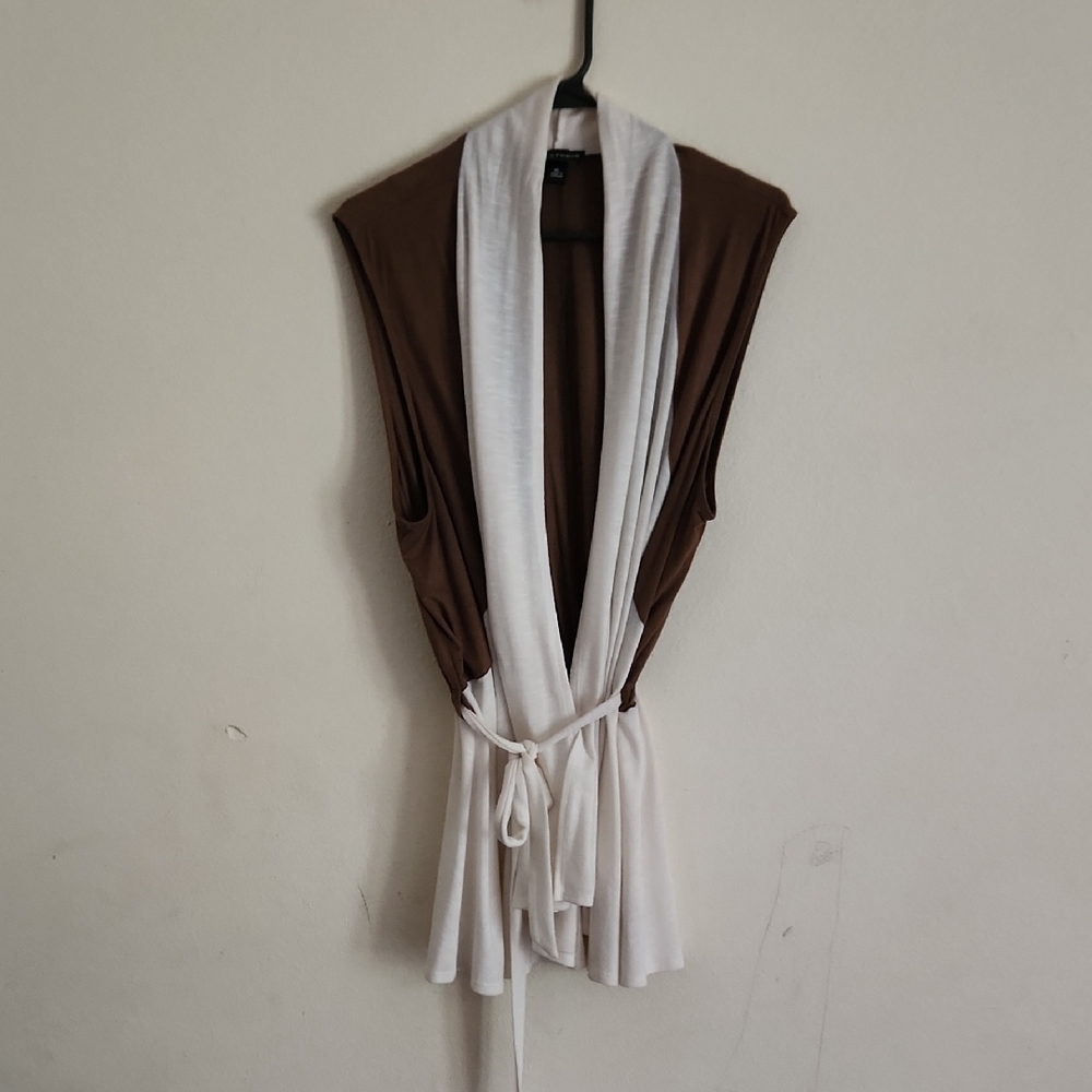 Brown and White Sleeveless Cardigan